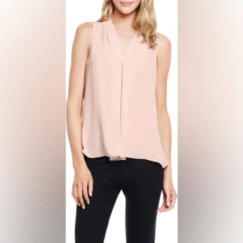 Vince Camuto Pleated V-Neck Sleeveless Pink Blouse Top Hi Low Womens Size S